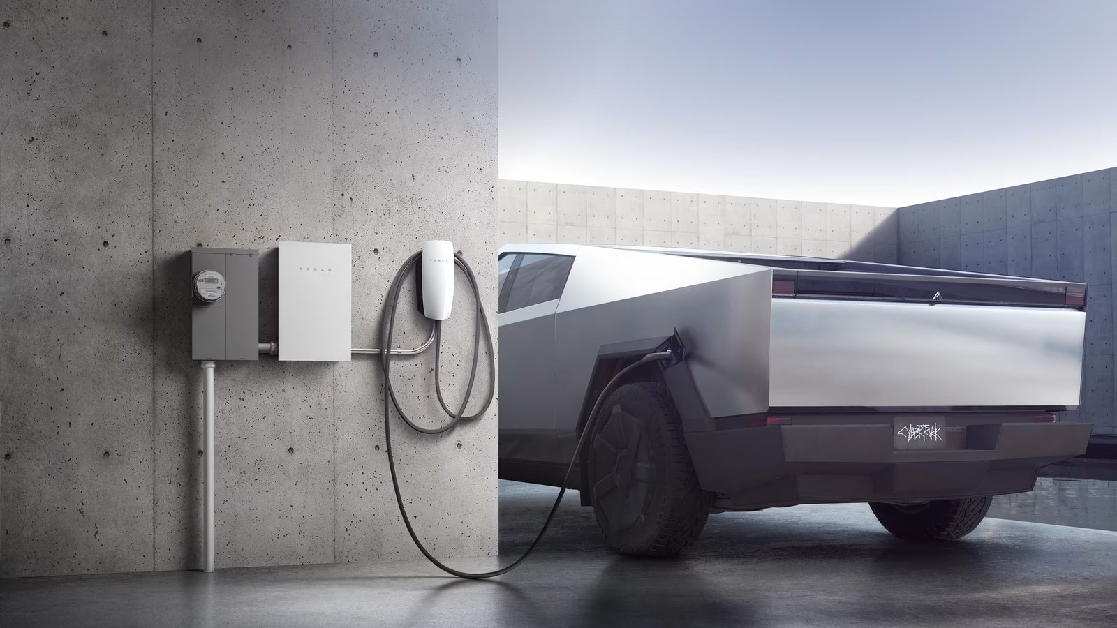 Tesla Cybertruck plugged into a Wall Connector beside a Powerwall and meter