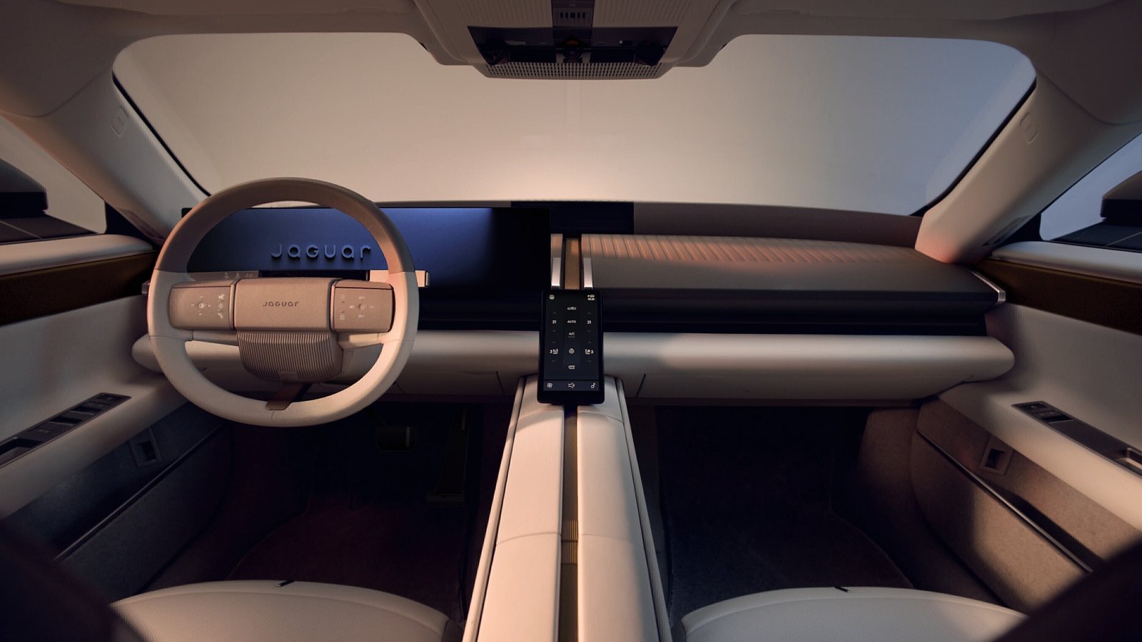 Jaguar Type 01 dashboard with steering wheel and center touchscreen