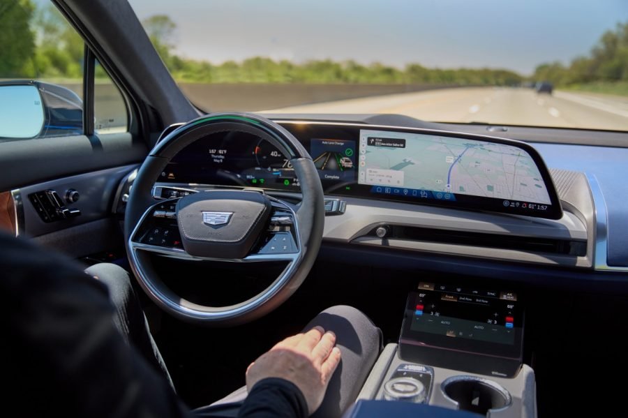 Cadillac Vistiq driving hands-free with Super Cruise on a highway