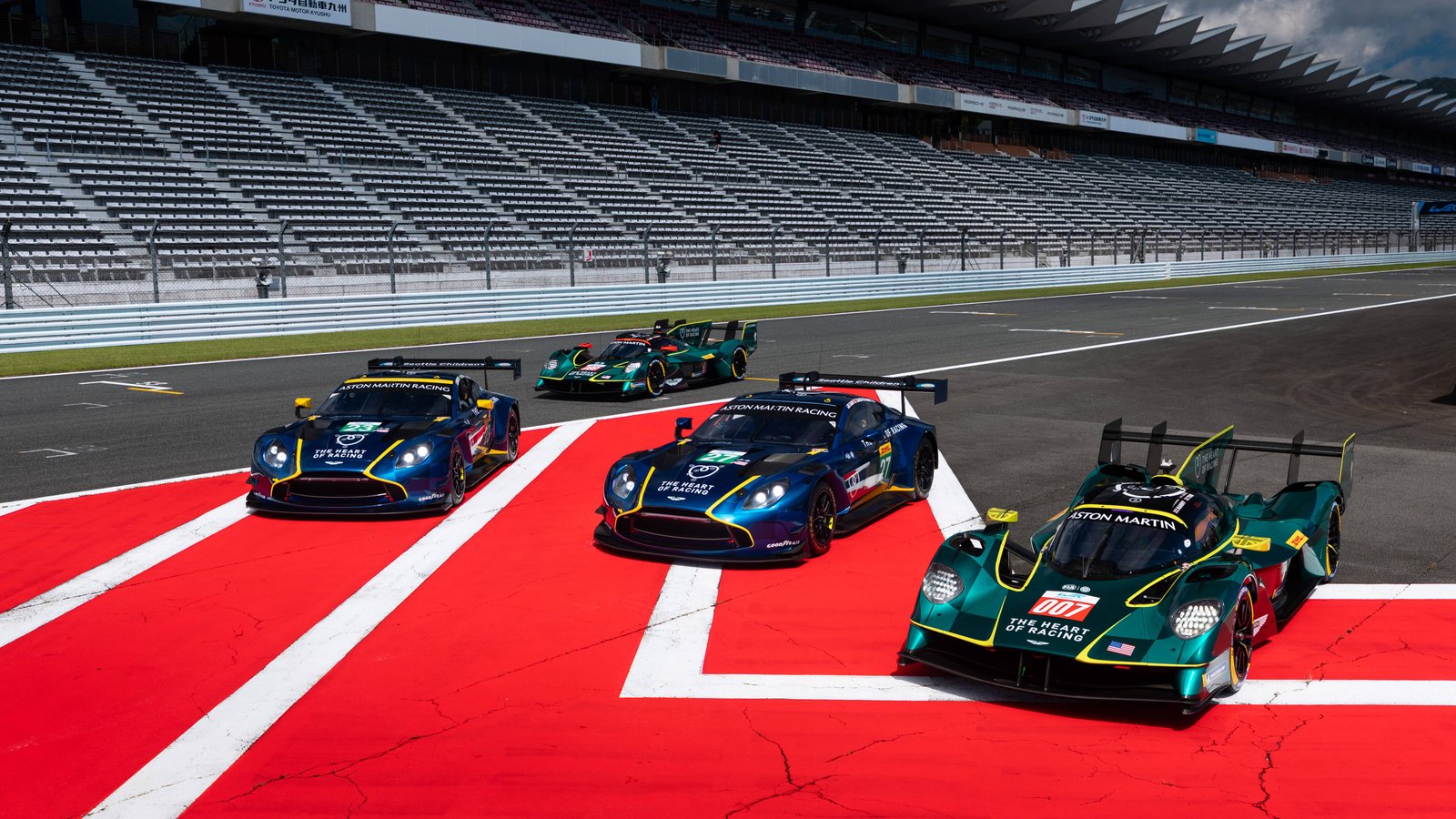Aston Martin THOR Team’s two Valkyrie Hypercars and two Vantage LMGT3 cars lined up on the Fuji grid