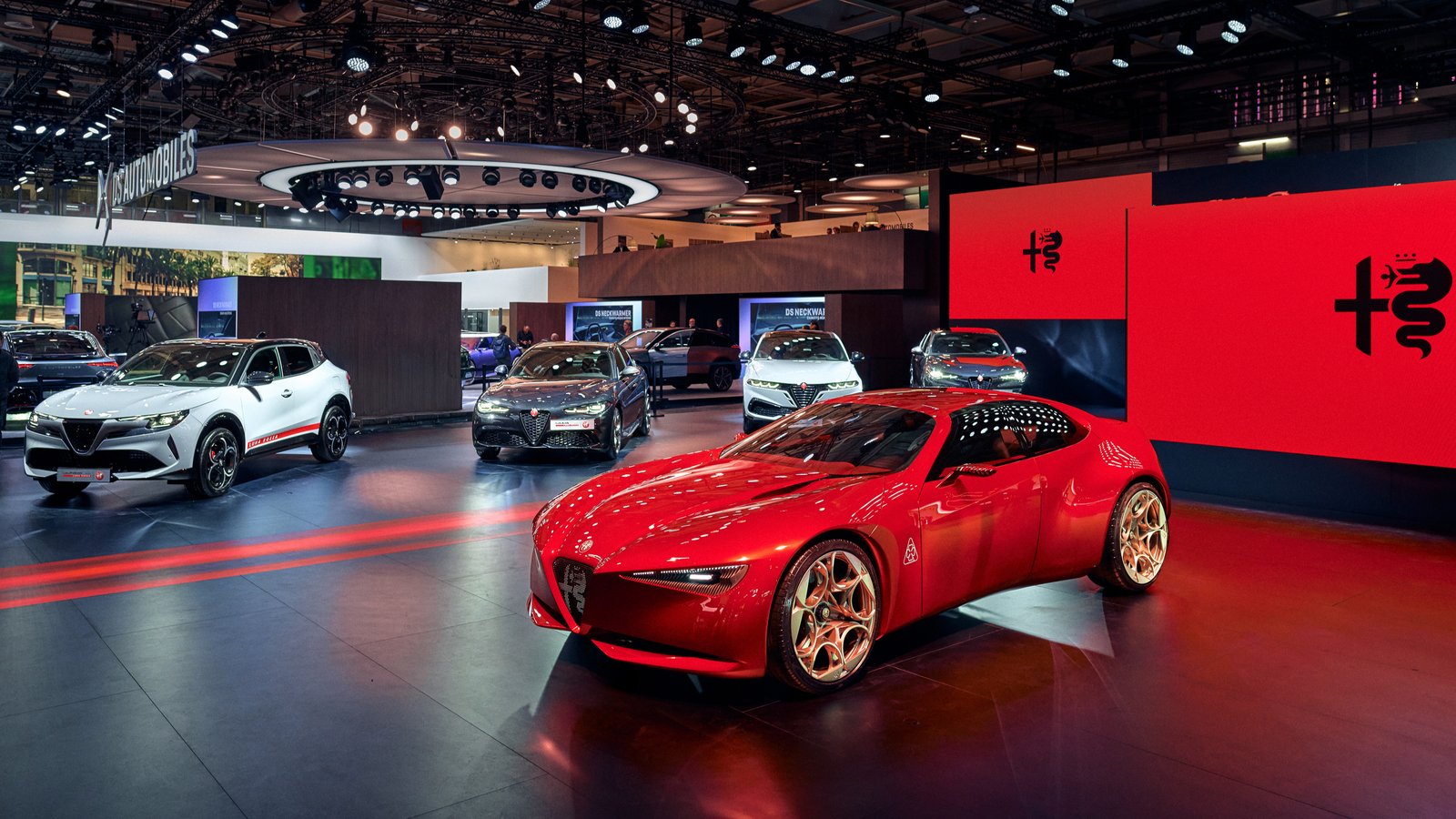 Alfa Romeo Cuorerosso concept with Junior, Giulia, Tonale, and Stelvio on the Paris stand