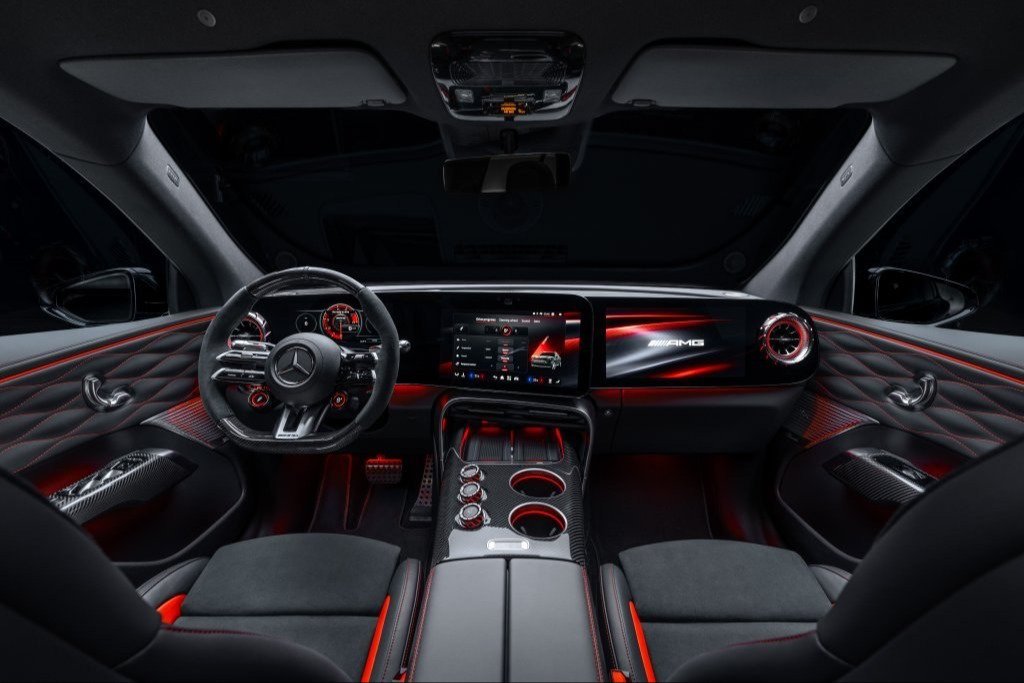 Mercedes-AMG GT SUV dashboard with three screens and red ambient lighting