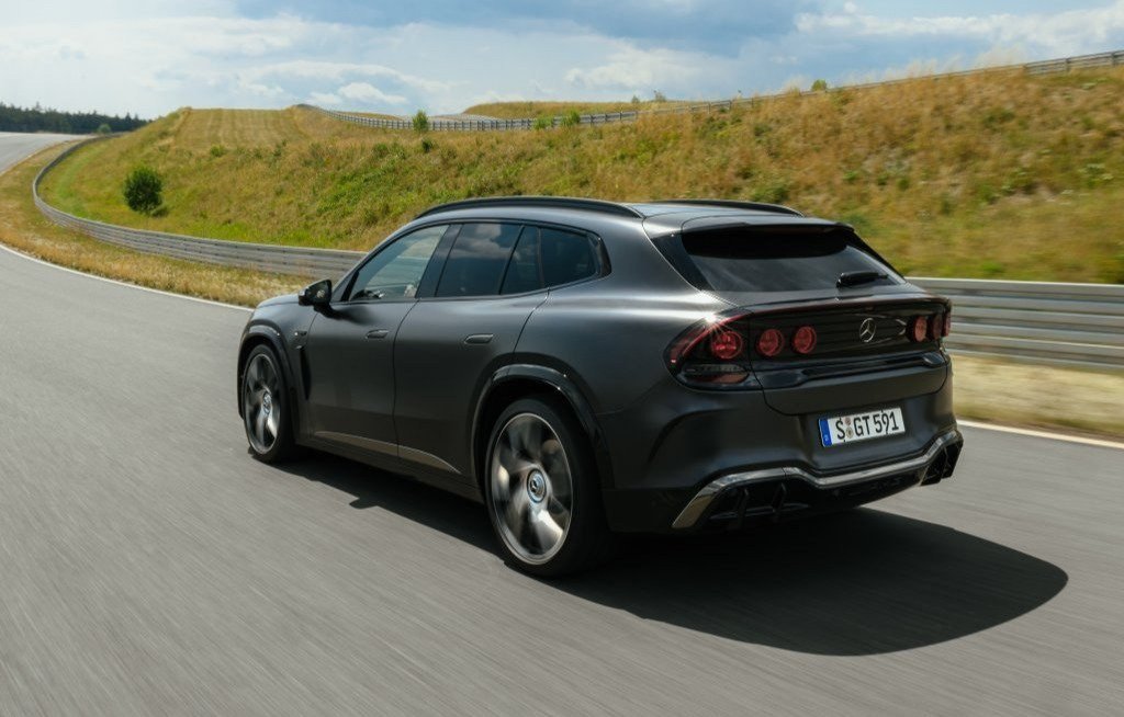 Mercedes-AMG GT SUV rear three-quarter view on a test track