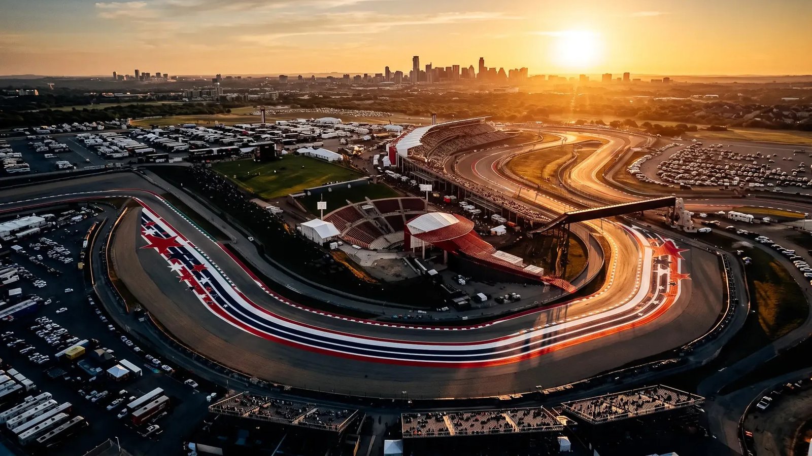 Aerial view of Circuit of The Americas at sunset