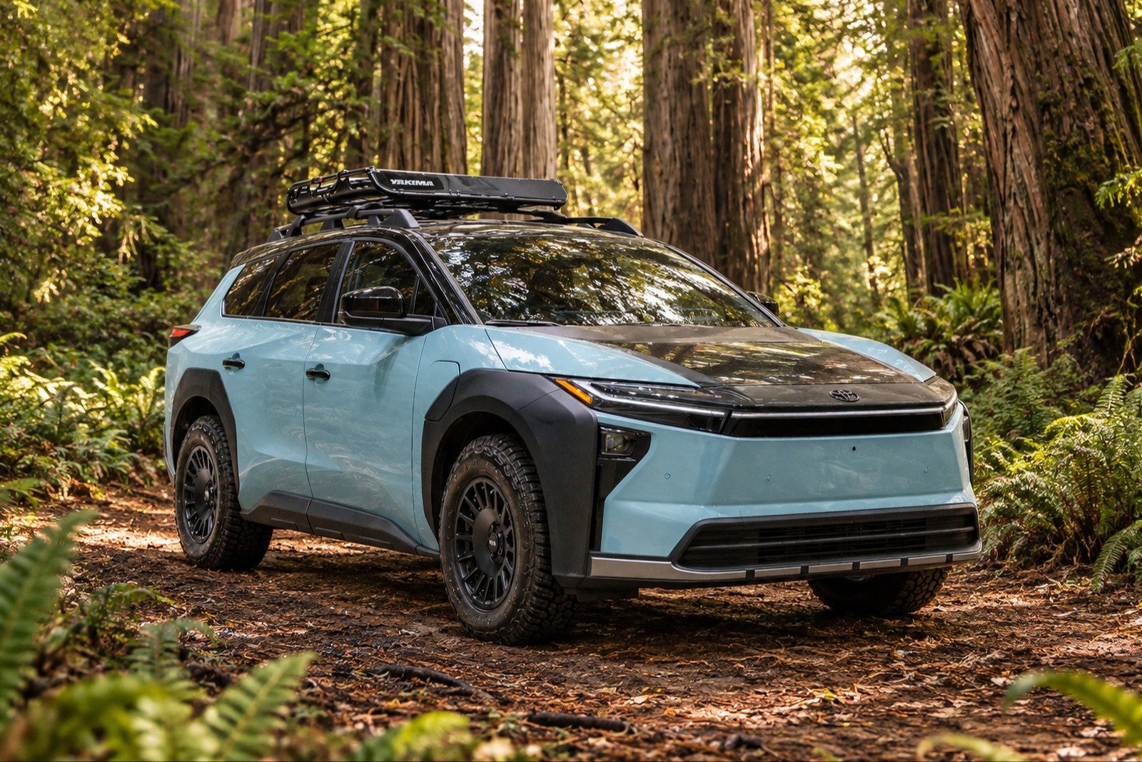 Toyota bZ Woodland concept with roof basket on a forest trail