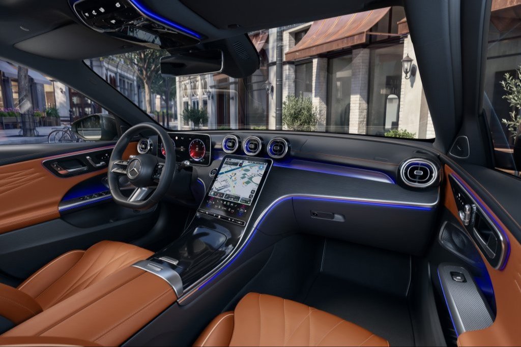 C-Class dashboard with Beech Brown leather and portrait center screen