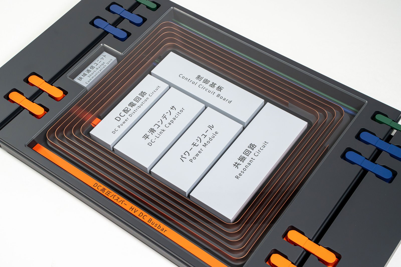 Close-up of coil and power electronics inside Honda transmitter mock-up