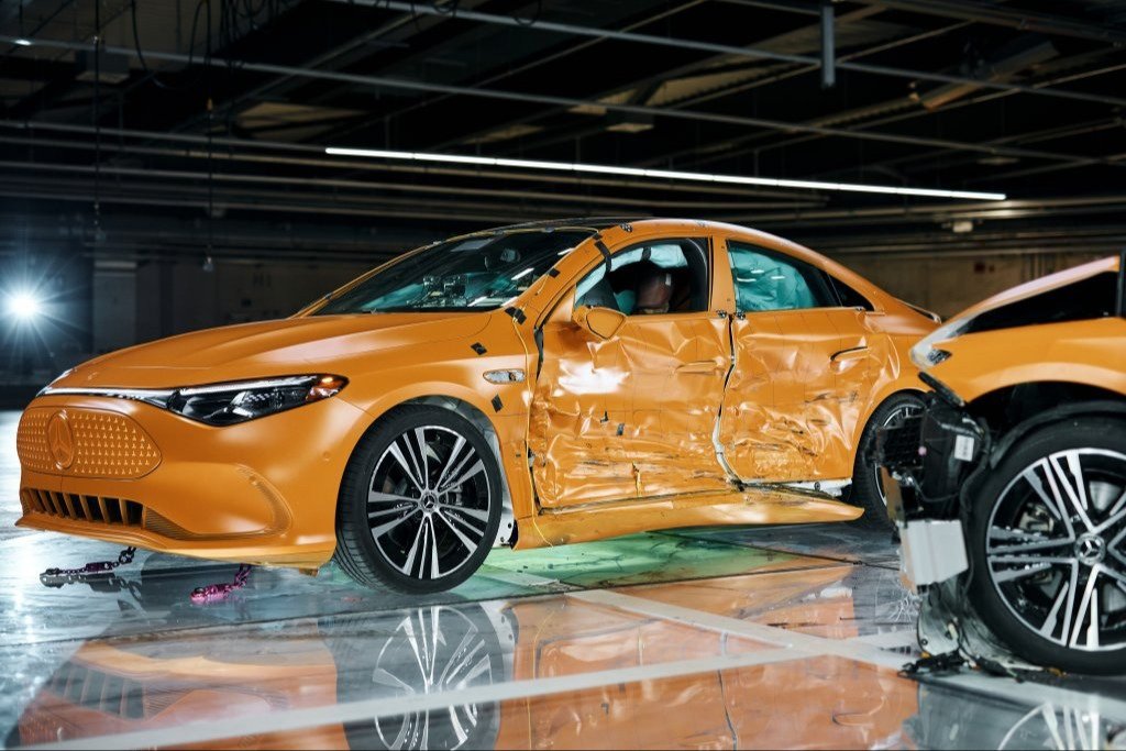 Crushed doors on the driver's side of the electric CLA