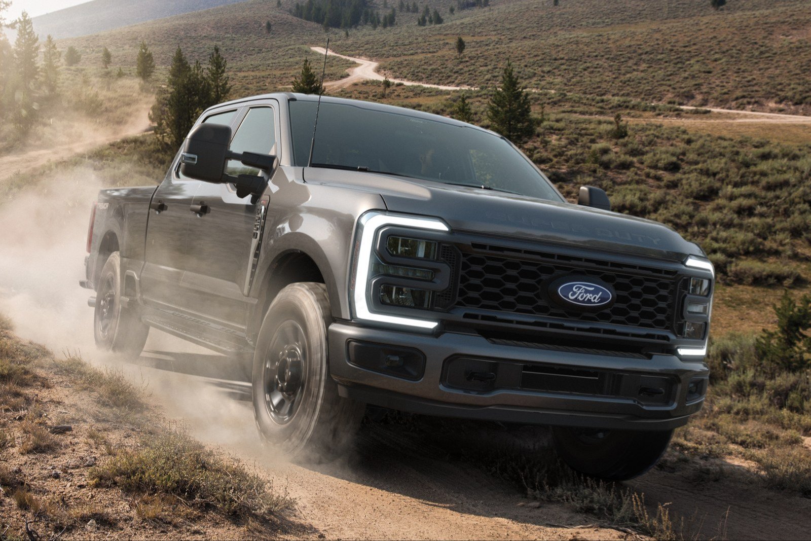 Gray Ford F-250 Super Duty STX Tremor driving on a dusty trail