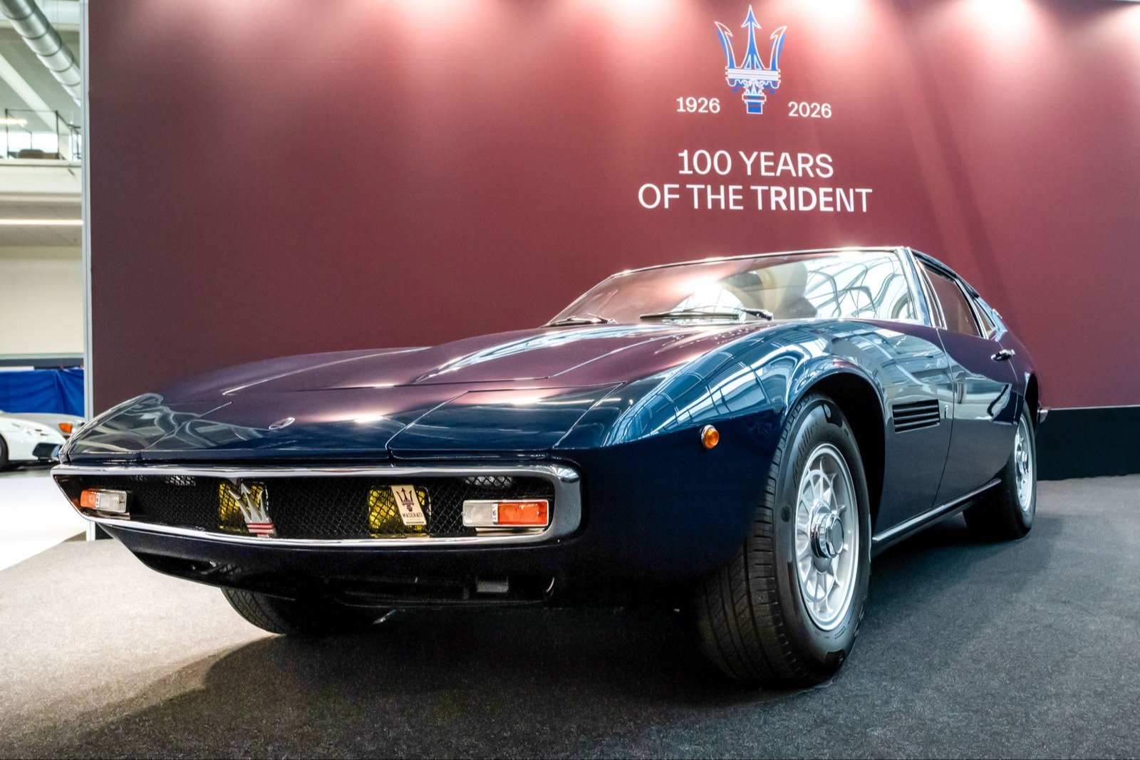Front view of a blue 1972 Maserati Ghibli SS coupe