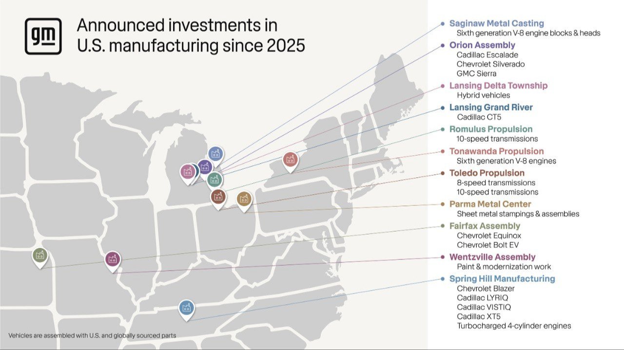 GM map of announced U.S. manufacturing investments since 2025