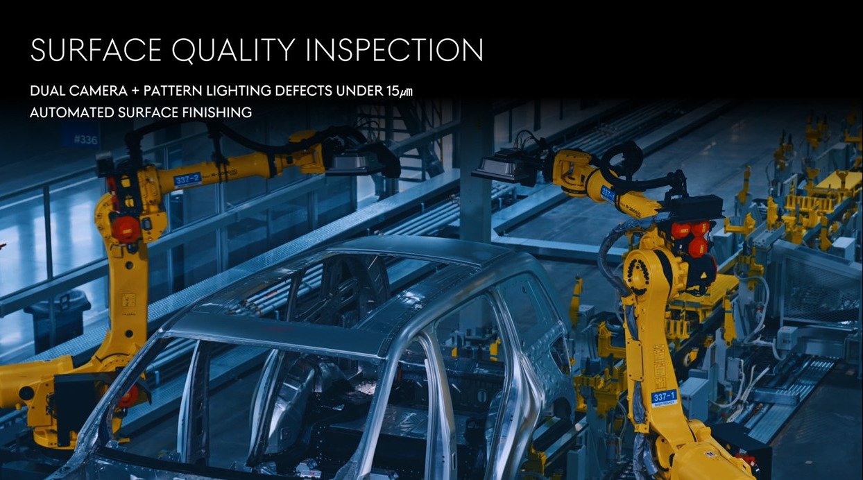 Robotic camera arms inspecting a bare GV90 body shell