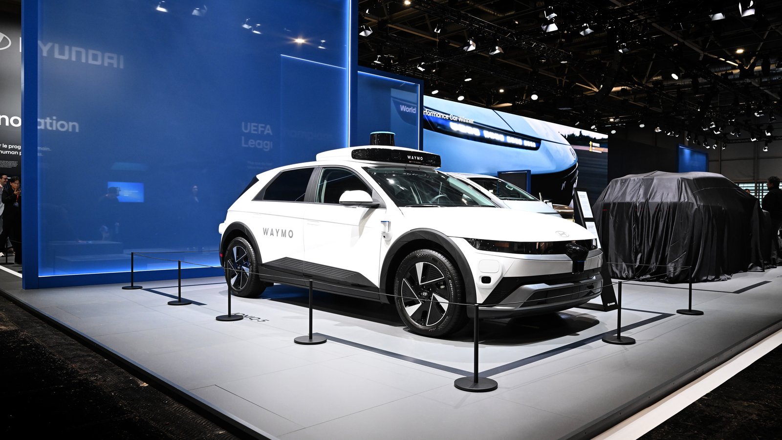 Waymo-equipped Hyundai Ioniq 5 robotaxi displayed at the Paris Motor Show