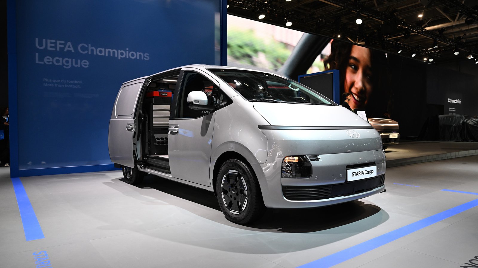 Hyundai Staria Cargo electric van with sliding door open at the Paris Motor Show
