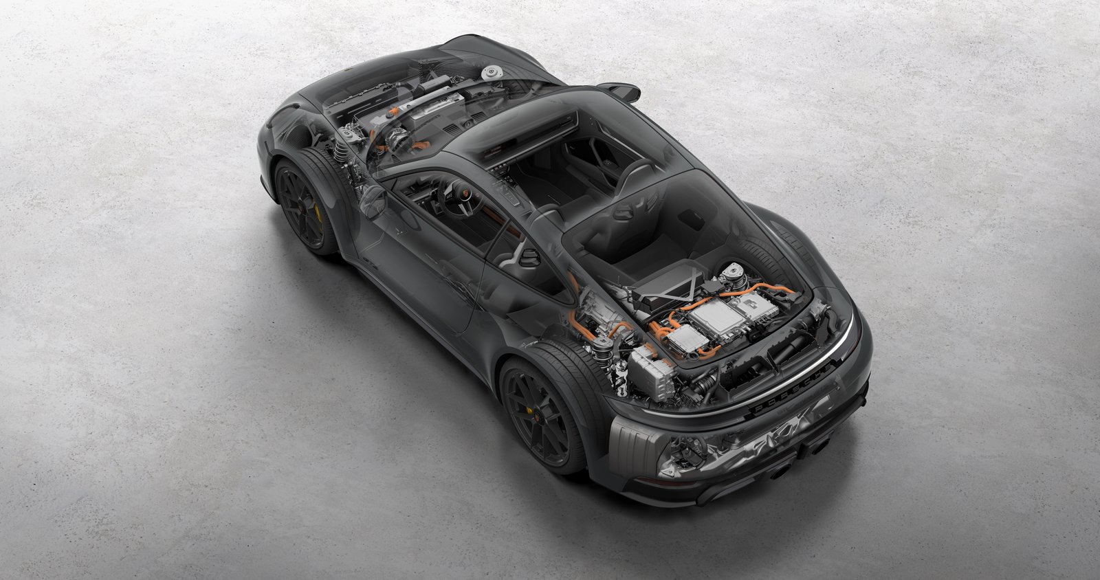 Rear cutaway of Porsche 911 GTS T-Hybrid powertrain and PDK transmission