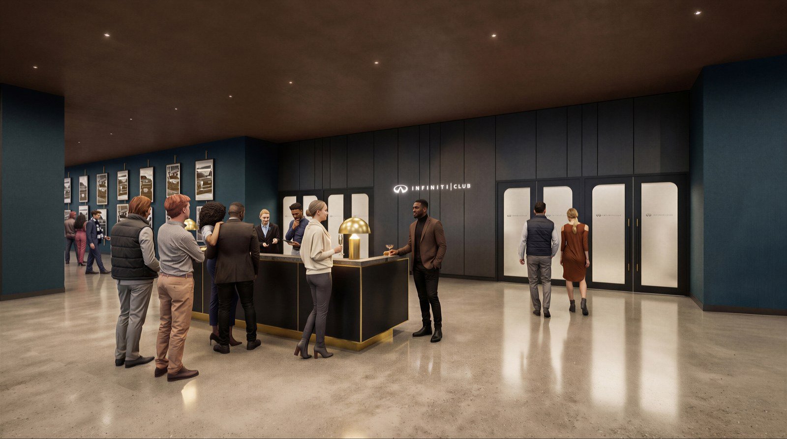 Rendering of the Infiniti Entry check-in desk and doors