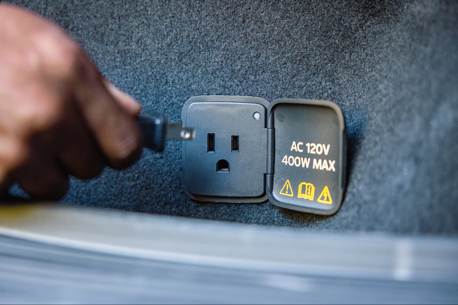 Mustang Mach-E Trail Pro Power Onboard outlet in use