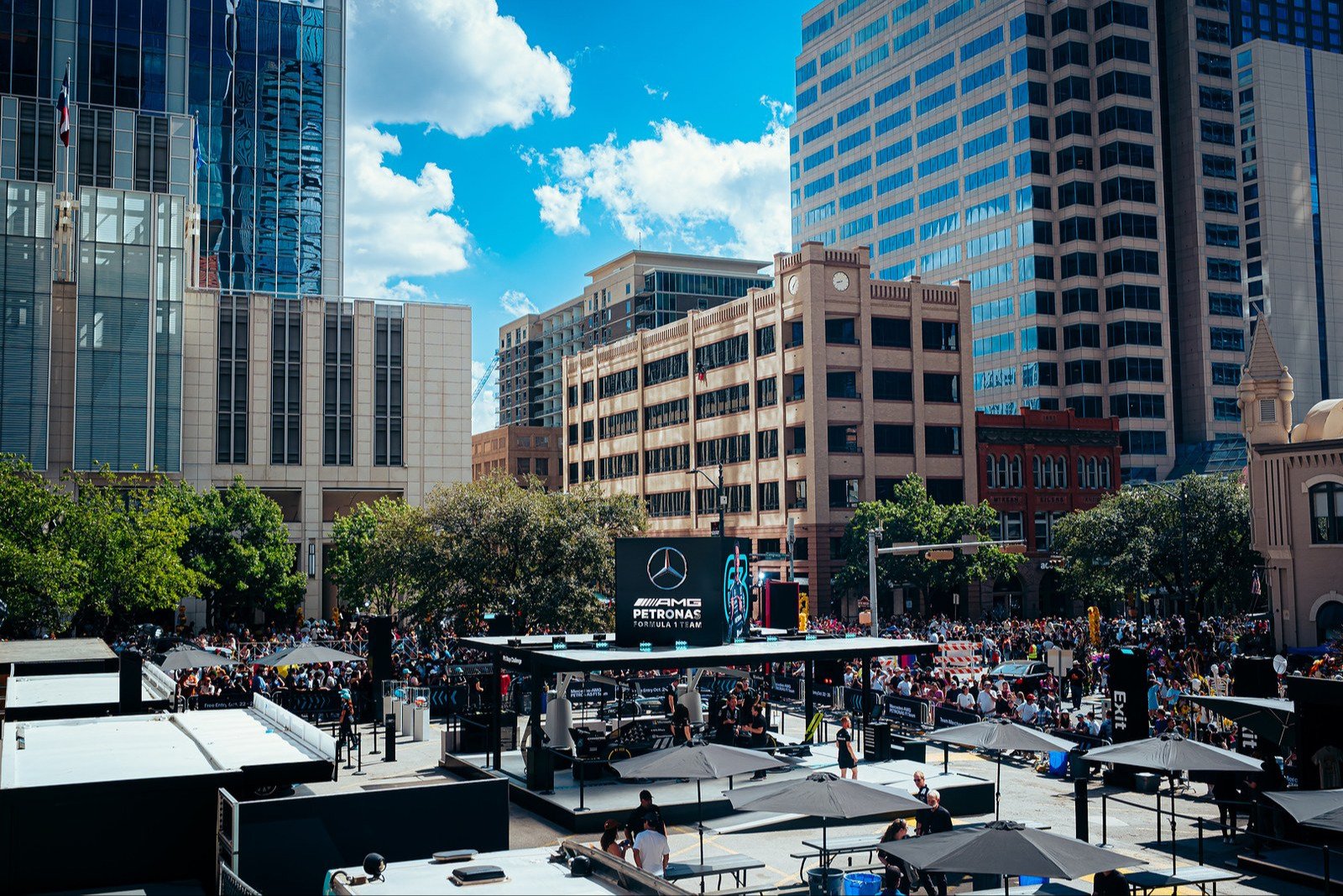 Mercedes F1 Fan Hub stage in downtown Austin by day