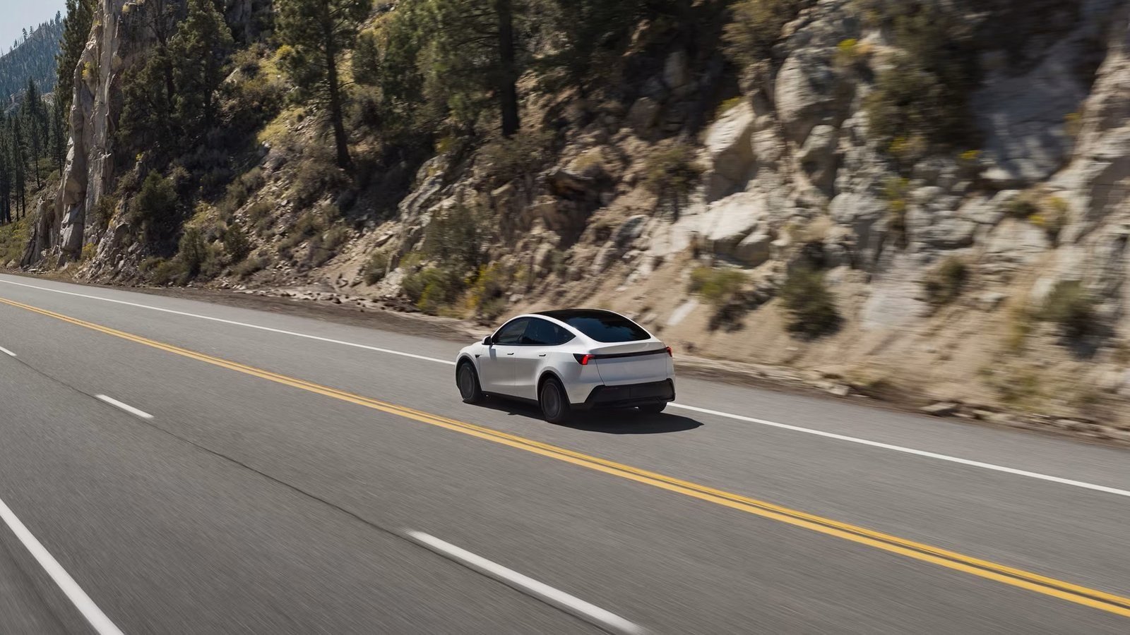 White Tesla Model Y Standard driving on a mountain highway