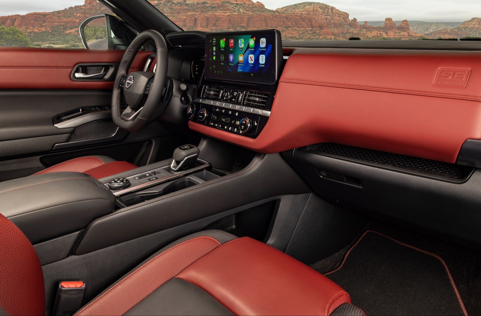 Two-tone black and burgundy interior of the 2027 Pathfinder Special Edition