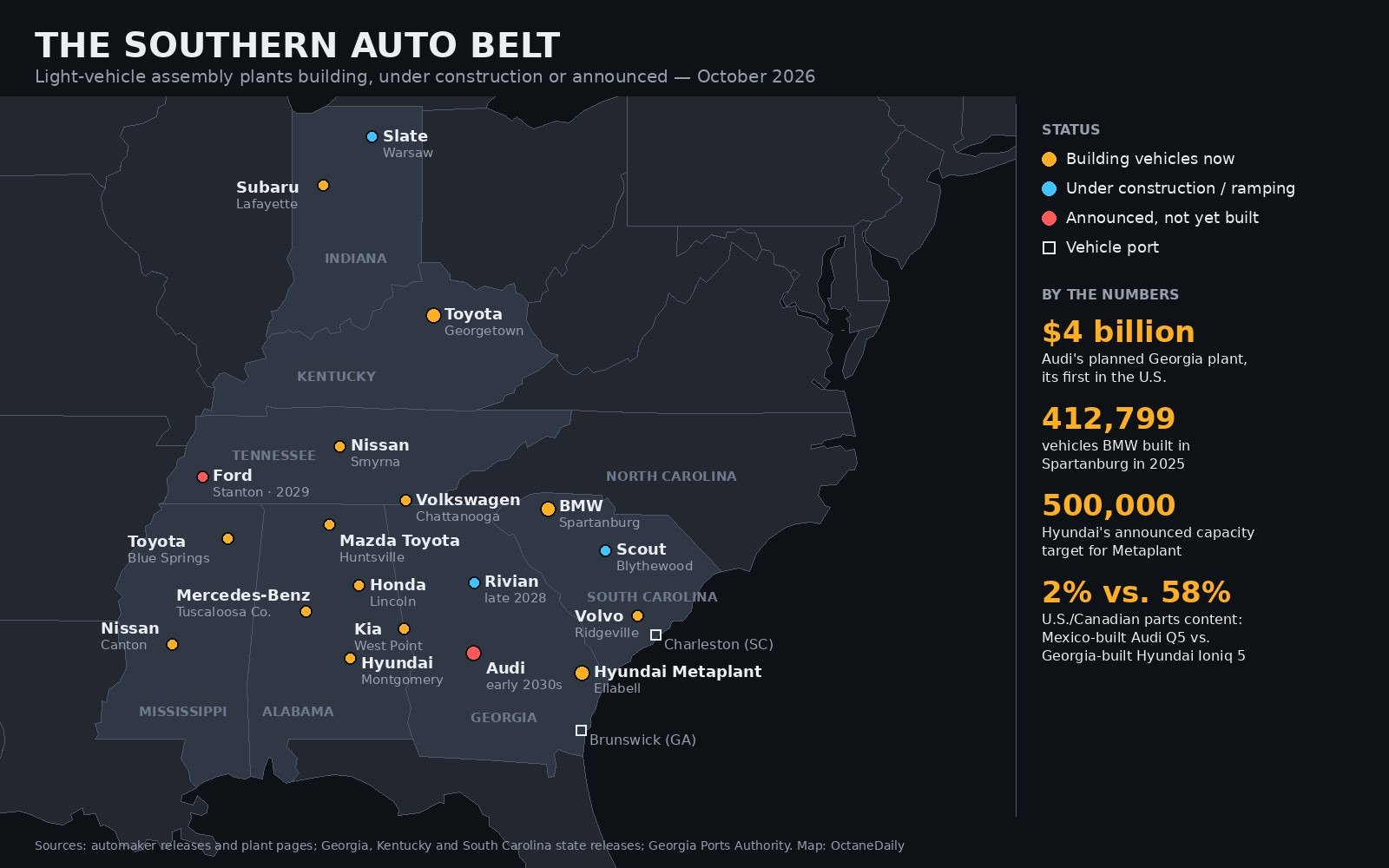 Map of car assembly plants across the U.S. South and Indiana