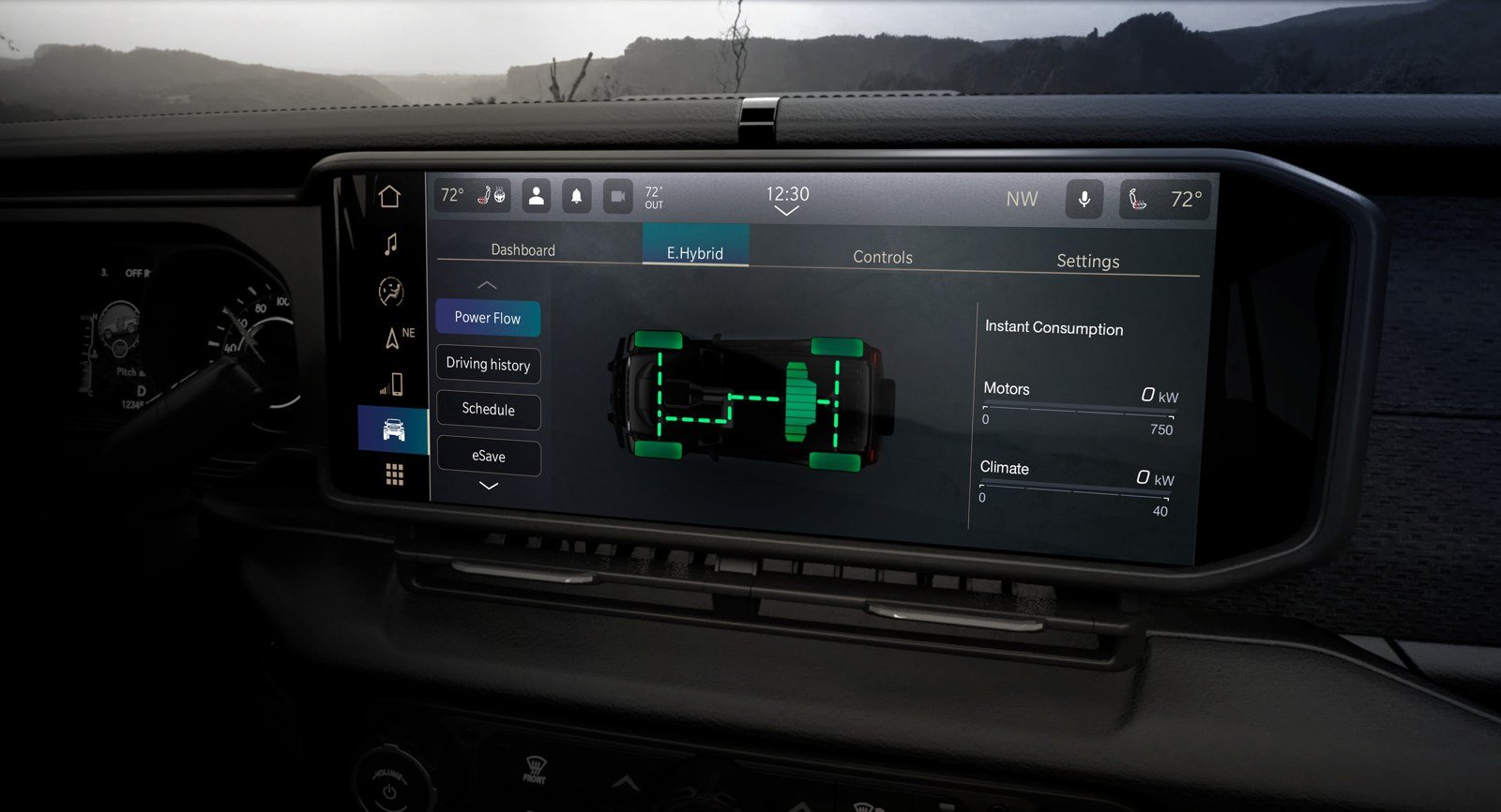 Wrangler 4xe touchscreen showing the hybrid power-flow page