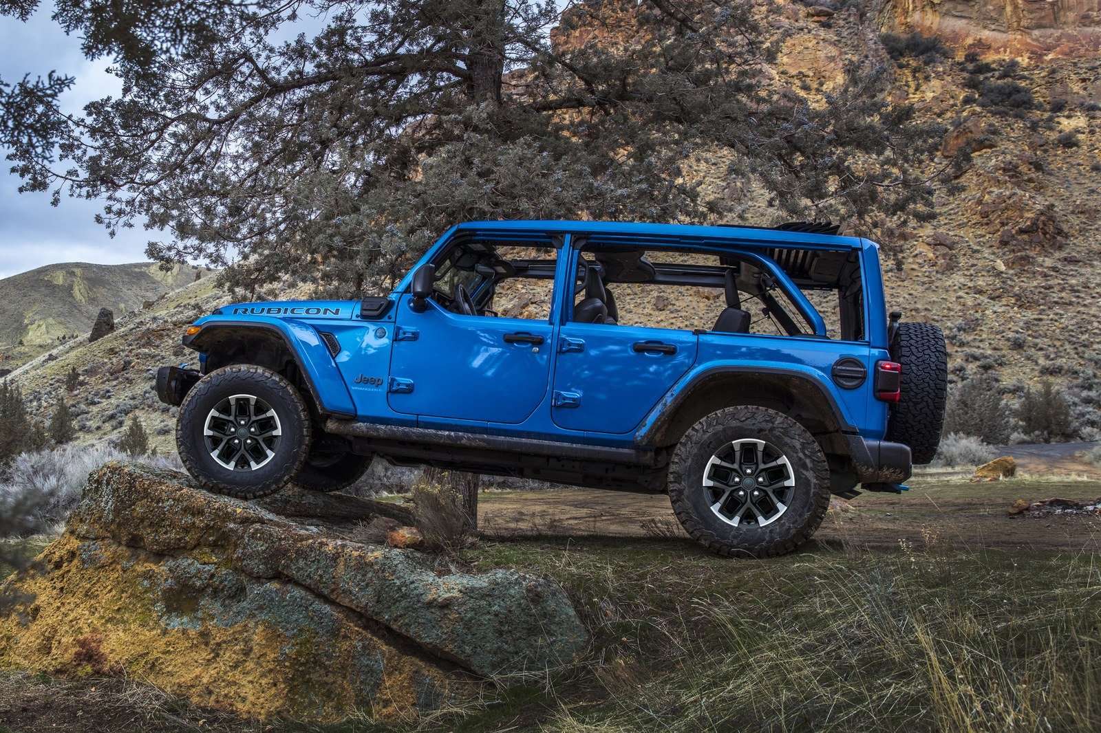 Blue Jeep Wrangler Rubicon X 4xe climbing a rock under a pine tree